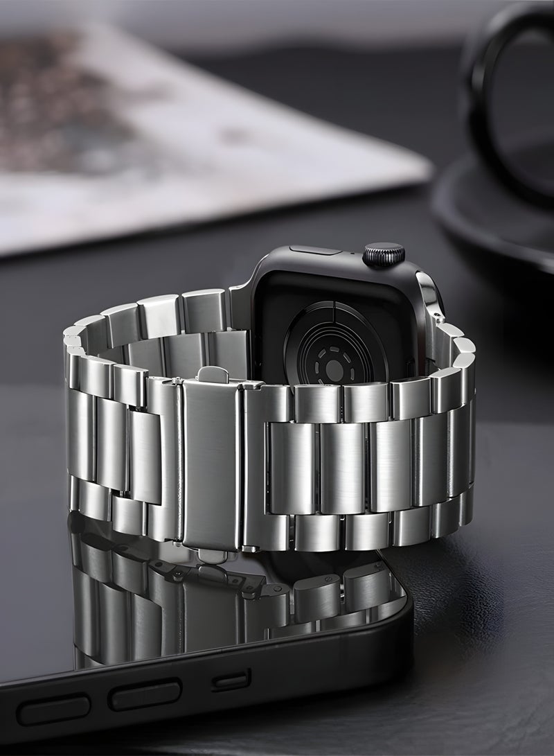 Premium Stainless Steel Band for Smart Watches 42–49mm with Double Button Butterfly Clasp – Secure & Elegant Design Metal Straps Compatible with Apple Watch Straps 42mm 44mm 45mm 46mm 49mm, Stainless Steel Business Band Compatible with iWatch Series 10 9 8 7 6 5 4 3 2 1 SE/ SE2 Ultra 2/ Ultra - Silver - Image 2